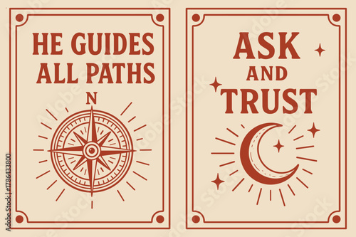 Retro Guiding Banners. Guidance. Two vertical A6 banners with safe margins, centered composition, no elements touching edges, retro, red and beige, compass,