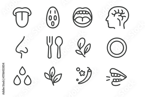 Flavor Detection Icons. Flavor detection. Line outline icon set of flavor detection: tongue, taste buds, mouth