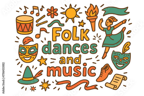 Folk Dance Celebration. Folk dances and music. Hand-drawn doodle illustration of folk dances and music. Music