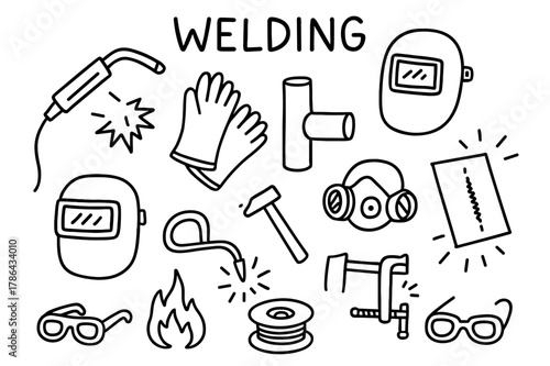 Welding Tools Doodle. Welding. Hand-drawn doodle illustration welding torch, sparks, helmet, gloves, mask, pipe, joint, metal plate, clamp, hammer, wire spool,