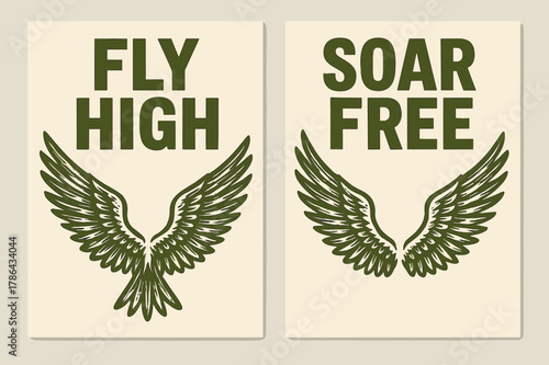 Freedom Banners. FREEDOM. Two vertical A6 banners with safe margins, centered composition, no elements touching edges, brutalist, olive green and cream, wings,