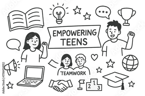 Empowering Teens Symbols. Empowering Teens. Hand-drawn doodle illustration Empowering Teens young people, books, laptop, lightbulb, speech bubbles, banner,