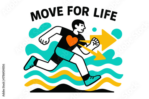 Dynamic Energy Runner. Why We Need to Exercise. A dynamic figure runs through abstract waves of energy; ?Move for Life? floats above glowing rhythm lines.