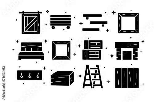 Reclaimed Wood Icons. Decorating with reclaimed wood. Solid icons set of Decorating with reclaimed wood: barn door, pallet coffee table, floating shelves,