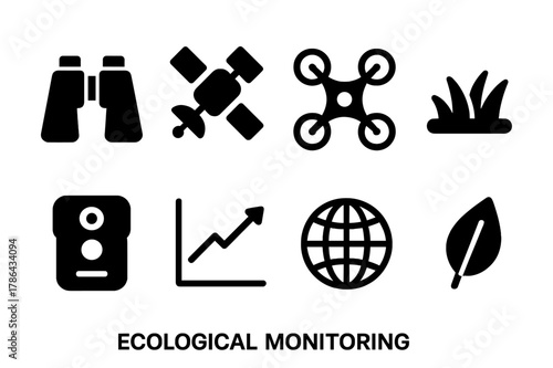 Ecological Monitoring Icons. Ecological monitoring. Filled icon set of ecological monitoring: binoculars,