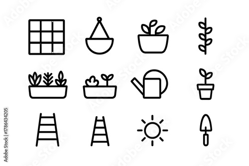Urban Gardening Icons. Urban gardening essentials. Line outline icon set of urban gardening essentials: