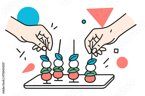 Caprese Skewers Artistry. Caprese Skewers. Hands arranging caprese skewers on a serving tray with floating abstract geometric shapes, fresh and vibrant moment.