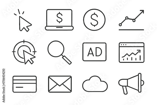 PPC Campaign Icon Set. Pay-per-click campaigns. Line outline icon set of pay-per-click campaigns: mouse