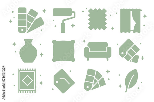 Sage Green Design Icons. Sage green color palette in design. Solid icons set of Sage green color palette in design: color swatch, paint roller, wall sample,