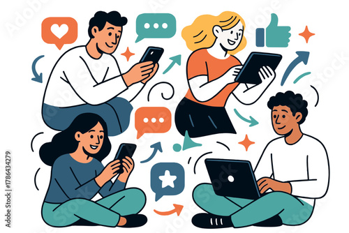 Dynamic Digital Engagement. Digital media. People consuming content on smartphones, tablets, and laptops with