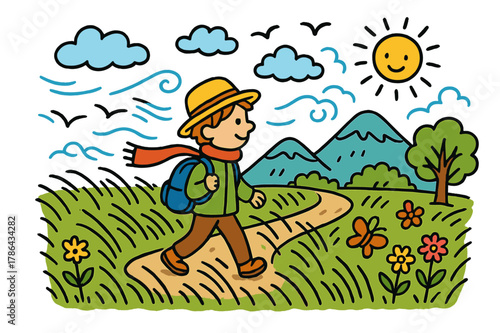 Whimsical Windy Grassland. windy grassland. Colorful Hand-drawn doodle Children illustration windy grassland person, tall grass, wind, mountain, clouds, sun,