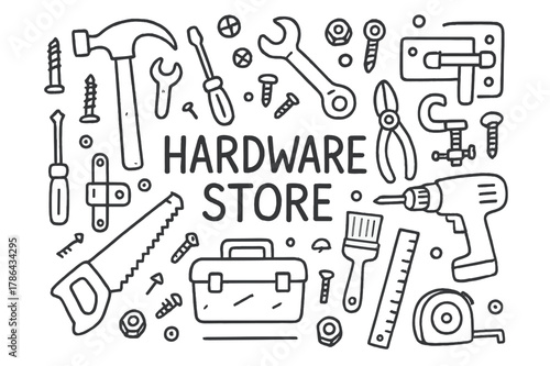 Doodle Hardware Tools. Hardware Store. Hand-drawn doodle illustration of Hardware Store. hammer, wrench,