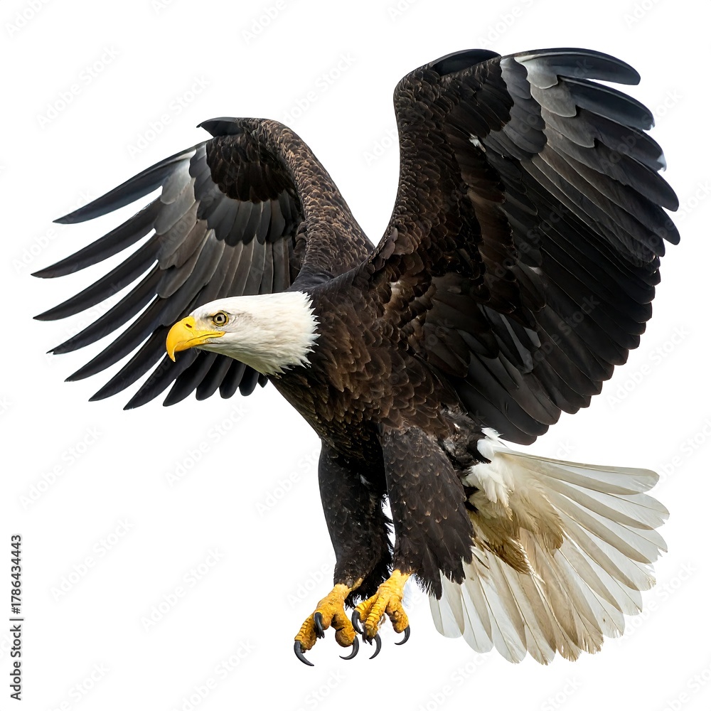 Obraz premium A majestic bird of prey in flight, wings spread wide, white backdrop