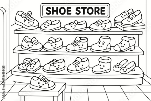 Children's Smiling Shoe Shop. Shoe store children?s coloring book illustration, outlined drawing, cartoon shop