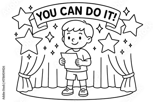 Stage Courage Coloring. Stage courage children?s coloring book illustration, outlined drawing, a child standing confidently on stage while holding a paper,