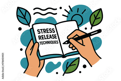 Mindful Journaling Artistry. Stress release techniques. Hands holding a journal and pen, floating abstract