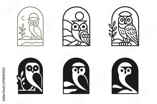 Ancient Deity Emblems. Ancient gods and goddesses in a mystical landscape. Set Logo of Ancient gods and goddesses in a mystical landscape: Athena owl. Icon