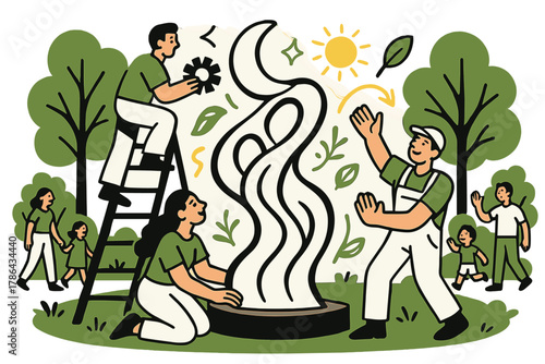 Modern Park Sculpture. Sculpture in the park. Artists installing a modern sculpture surrounded by trees and