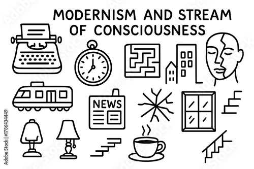 Modernist Doodle Icons. Modernism and stream of consciousness. Hand-drawn doodle illustration Modernism and stream of consciousness typewriter,
