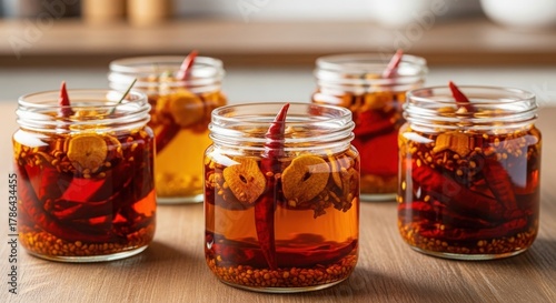 Homemade Chili Oil in Glass Jars with Red Peppers and Spices.