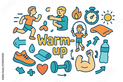 Warm-Up Doodle Montage. Warm-up. Hand-drawn doodle illustration of Warm-up. Running person, stretching arms,