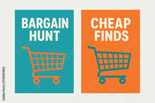 Shopping Bargain Banners. BARGAIN. Two vertical A6 banners with safe margins, centered composition, no elements touching edges, flat vector design, turquoise