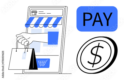 Hand holding shopping bags emerging from mobile storefront, payment sign, and dollar coin icon. Ideal for e-commerce, digital wallet, retail, finance, online transactions, consumer behavior simple