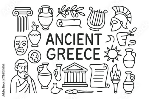 Ancient Greece Icons. Ancient Greece. Hand-drawn doodle illustration of Ancient Greece. column, amphora, olive