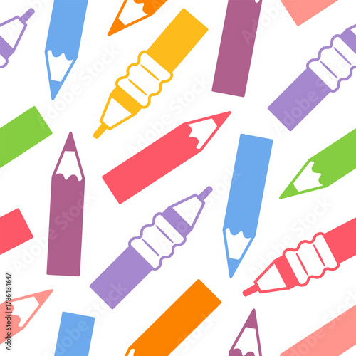 Multicolored pencils seamless pattern a bright, repeating vector motif with sharpened pencil shapes, vivid hues, and clean lines perfect for playful branding, textiles, and stationery