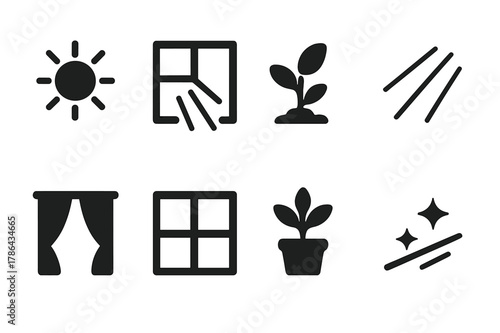 Sunlight Icon Set. Natural sunlight. Filled icon set of natural sunlight: sun icon, window with rays, plant
