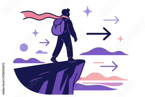 Traveler's Edge. Adventure solitude. Lone traveler standing at cliff edge with scarf flowing in wind; subtle