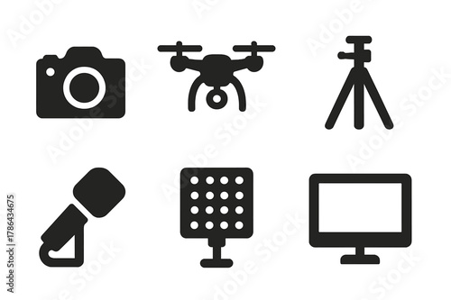Video Equipment Icons. Video production equipment. Filled icon set of video production equipment: camera,