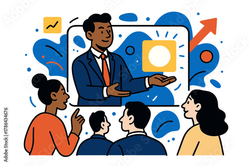 Virtual CEO Presentation. Corporate identity. A CEO avatar presenting a glowing company logo to investors in a