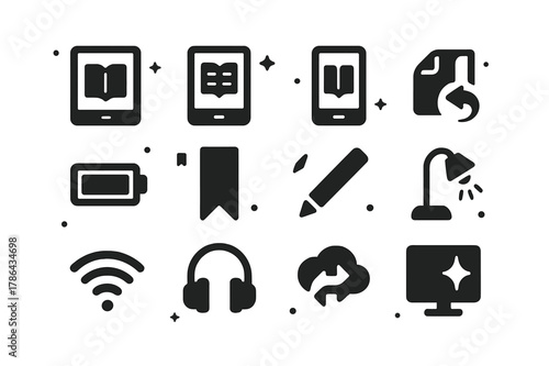 Digital Reading Icons. Digital Reading. Solid icons set of Digital Reading: tablet, e-reader, smartphone, page flip icon, battery icon, bookmark, stylus,