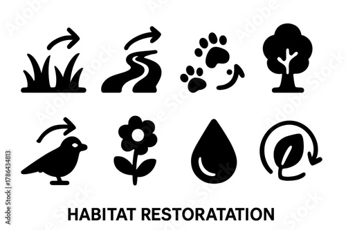 Habitat Restoration Icons. Habitat restoration. Filled icon set of habitat restoration: grassland, stream,