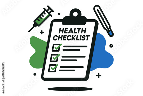 Healthcare Essentials Icons. Health checklist. Close-up of a clipboard with a medical form, floating icons of