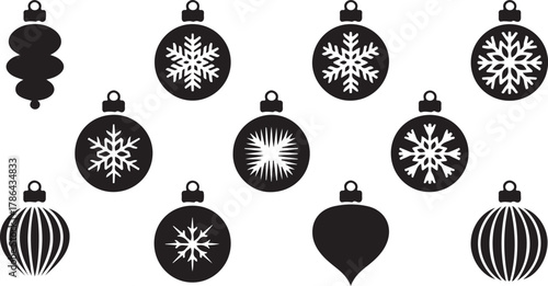 Festive Black Christmas Balls Icons Bundle Flat Illustration 