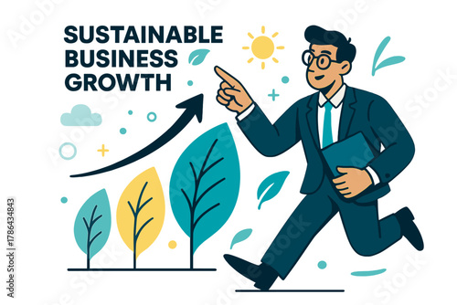 Eco-Friendly Business Growth. Sustainable business growth. Consultant pointing at leaf-shaped charts; green,