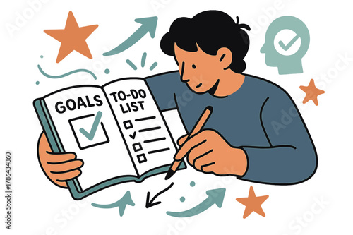 Goal Setting Essentials. A person setting goals and writing a to-do list in a planner for self-improvement. Close-up of hands writing in planner with abstract
