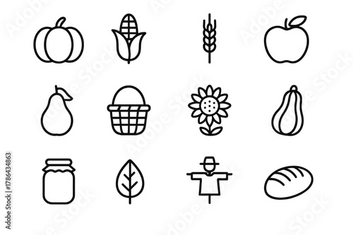 Harvest Icons Collection. Harvest season. Line outline icon set of harvest season: pumpkin, corn, wheat, apple