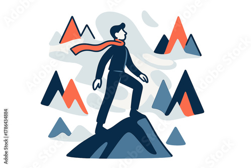 Mountain Ridge Freedom. Mountain Breeze. Figure standing on a ridge with scarf flowing in the wind, surrounded