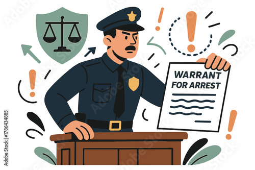Arrest Warrant Execution. Warrant for arrest. Law enforcement officer presenting arrest warrant in courtroom with abstract floating legal icons and exclamation