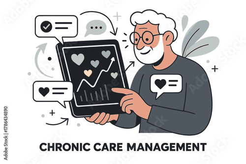 Interactive Health Monitoring. Chronic care management. Senior reviewing health trends on tablet with glowing
