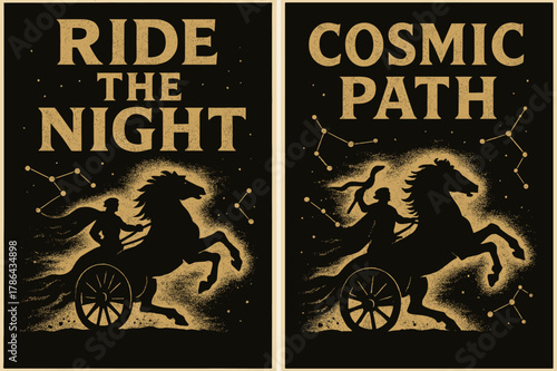 Cosmic Chariot Banners. Nocturnal Chariot. Two vertical A6 banners with safe margins, centered composition, no elements touching edges, bold, charcoal and