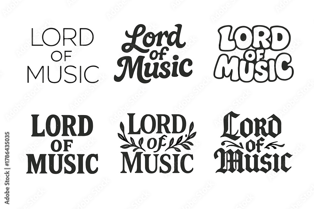 Obraz premium Harmonious Lettering Styles. Lord of Music. Set lettering. harmonious lettering variations of the same emblematic concept (Modern minimal monoline lettering,