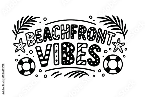 Beachfront Playful Decor. Beachfront Vibes ? playful decorative display lettering; patterned letters (dots/stripes/stars), gently arched word-shape; framed