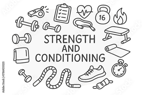 Strength and Conditioning Doodles. Strength and Conditioning. Hand-drawn doodle illustration of Strength and