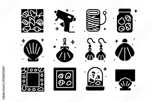 Seashell Craft Icons. Seashell Crafts. Solid icons set of Seashell Crafts: shell mosaic, glue gun, twine, jar of shells, painted shell, shell pendant, shell