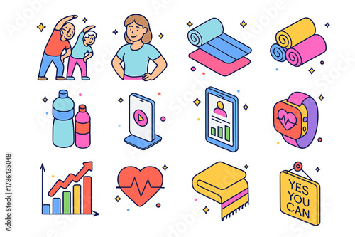 Senior Fitness Icons. Group training for seniors. Colorful isometric vector icons set of Group training for seniors: group of older adults stretching, smiling