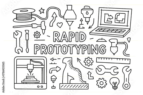 Rapid Prototyping Sketch. Rapid Prototyping. Hand-drawn doodle illustration of Rapid Prototyping. 3D printer,